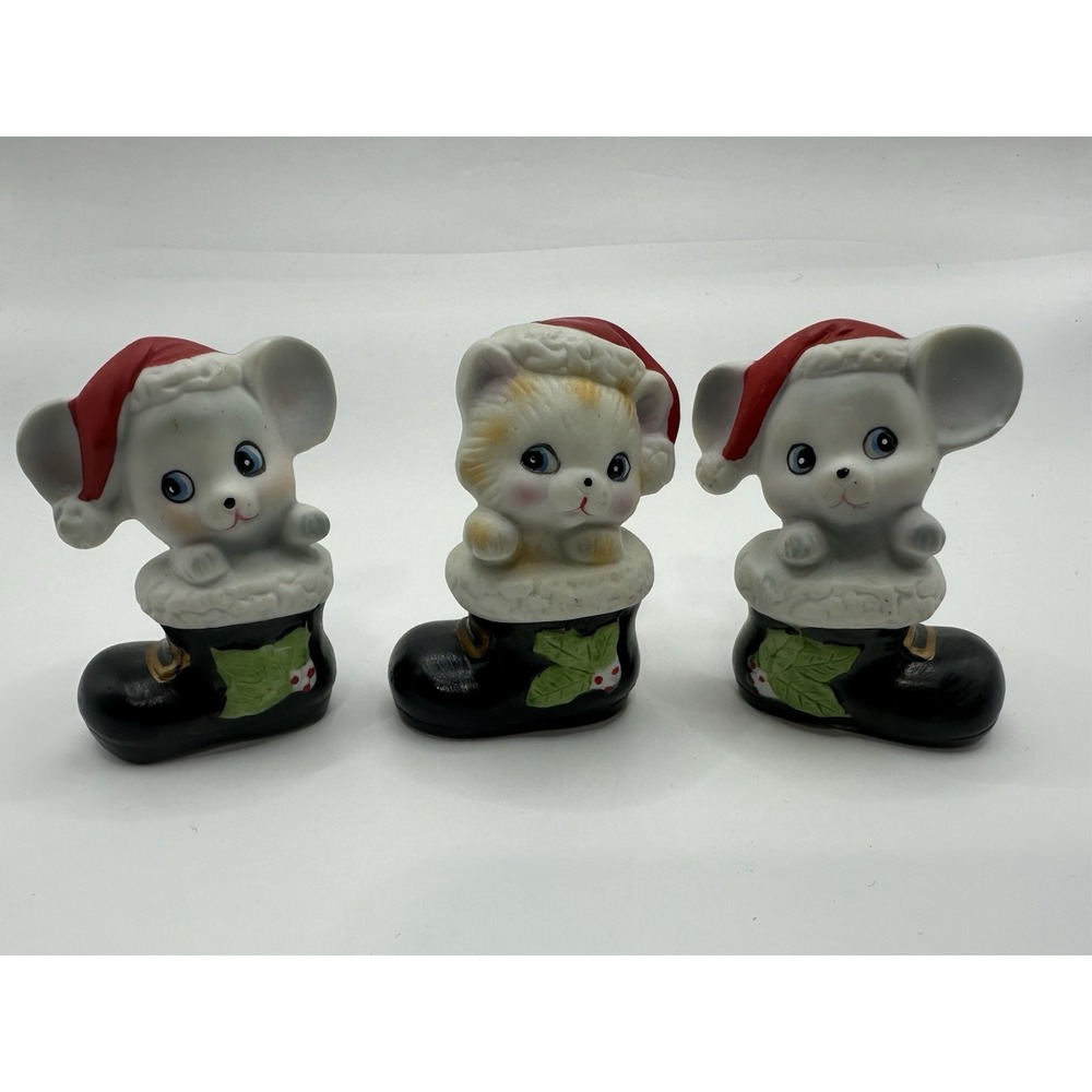 Mice And Kitty In Santa Boots HOMCO Home Interiors‎ Set Of 3 Christmas Cute